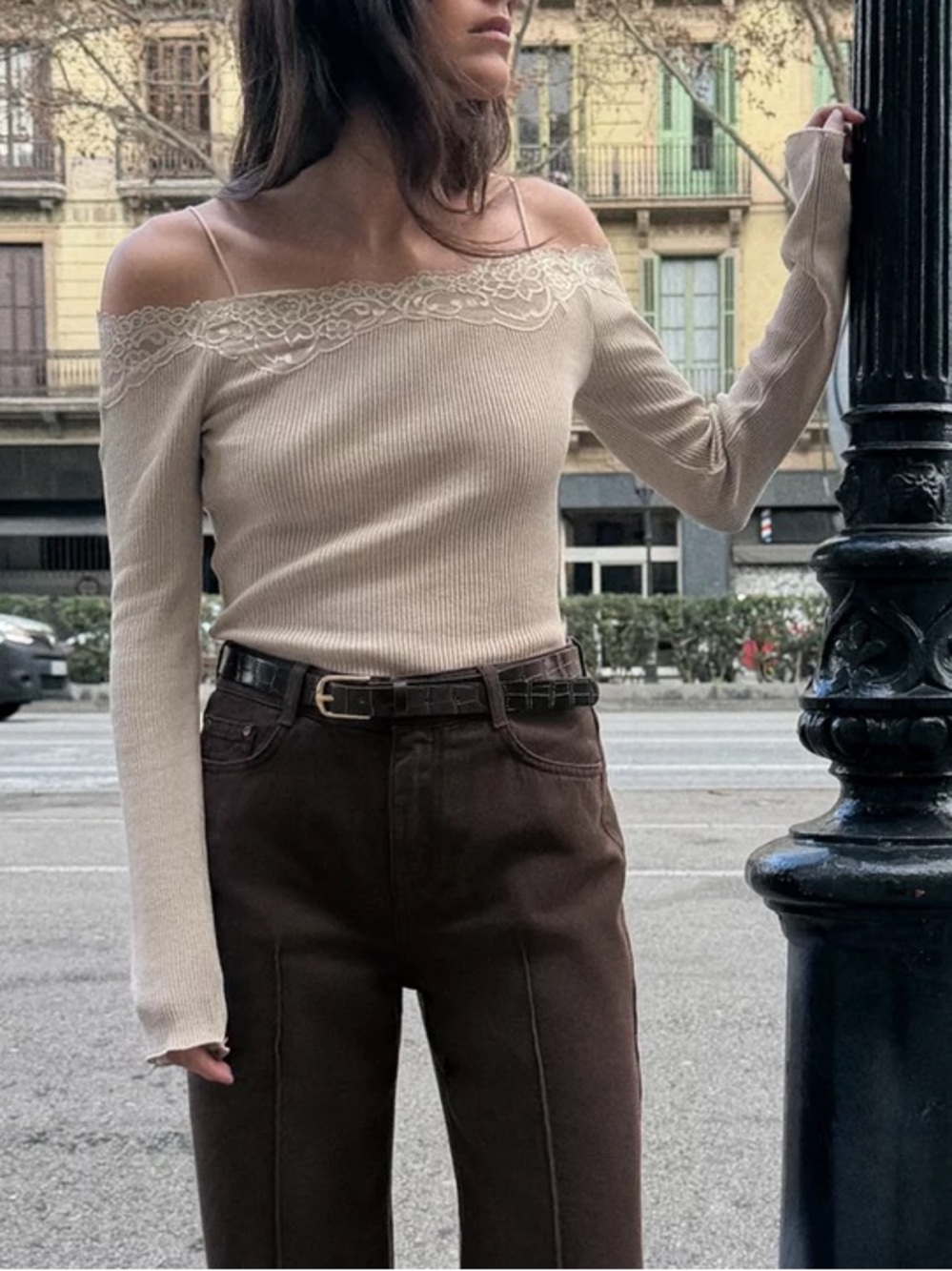Zara NWT Off-Shoulder Lace Trim Ribbed long sleeve stretchy rib top- Cream beige